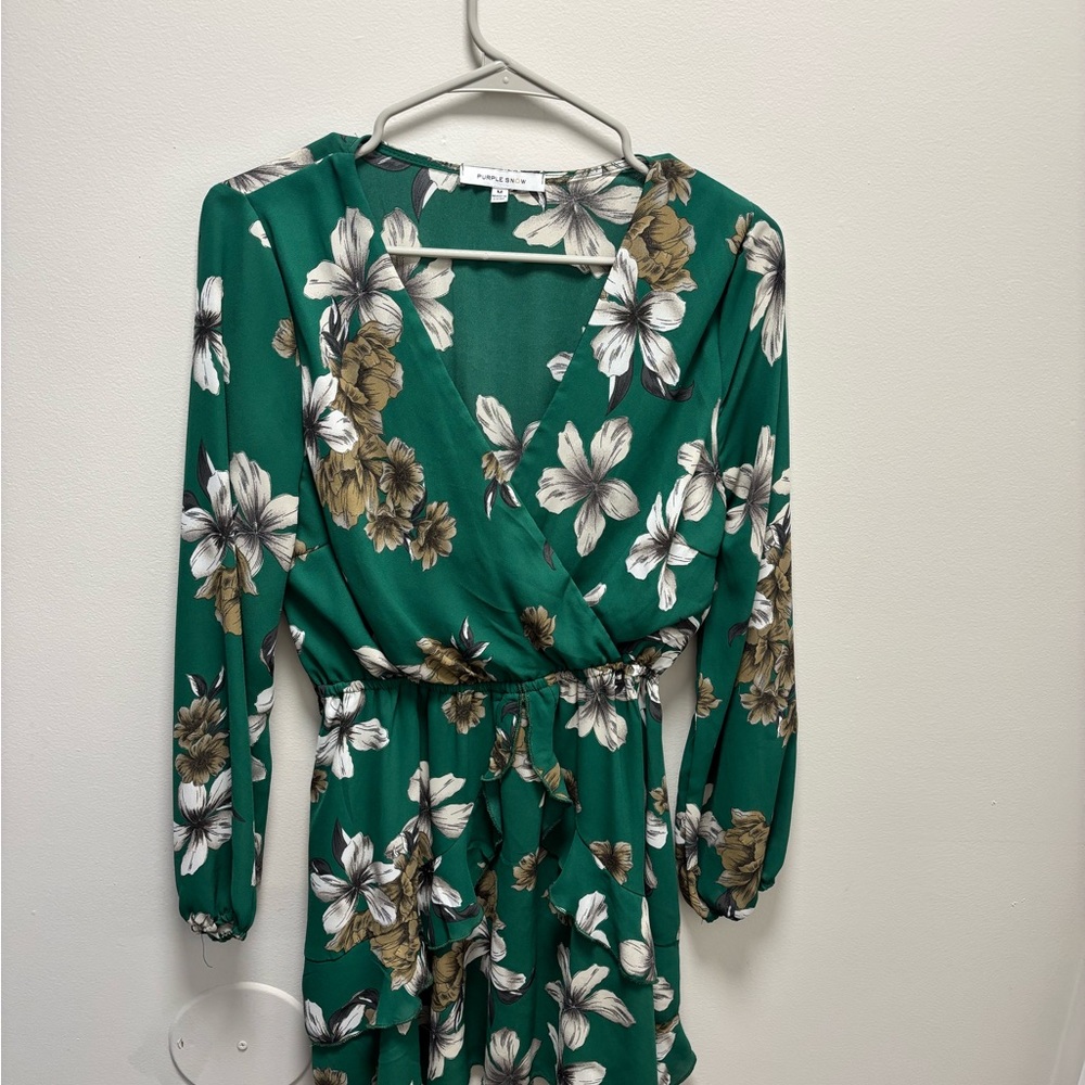 Purple Snow Green Wrap Sundress with Bishop Sleeves